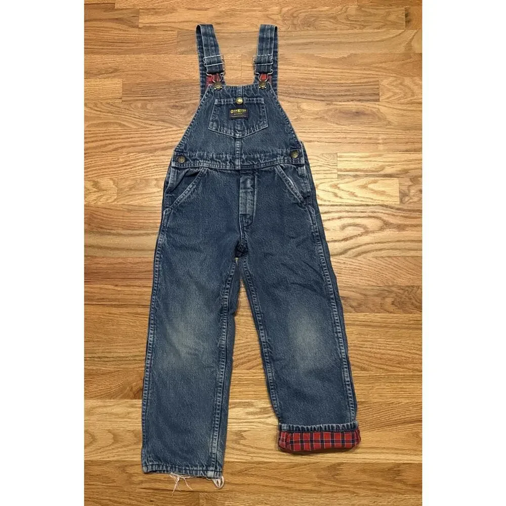 Vintage 80s OshKosh B'Gosh Vestbak Plaid Flannel Lined Overalls Blue Size 5